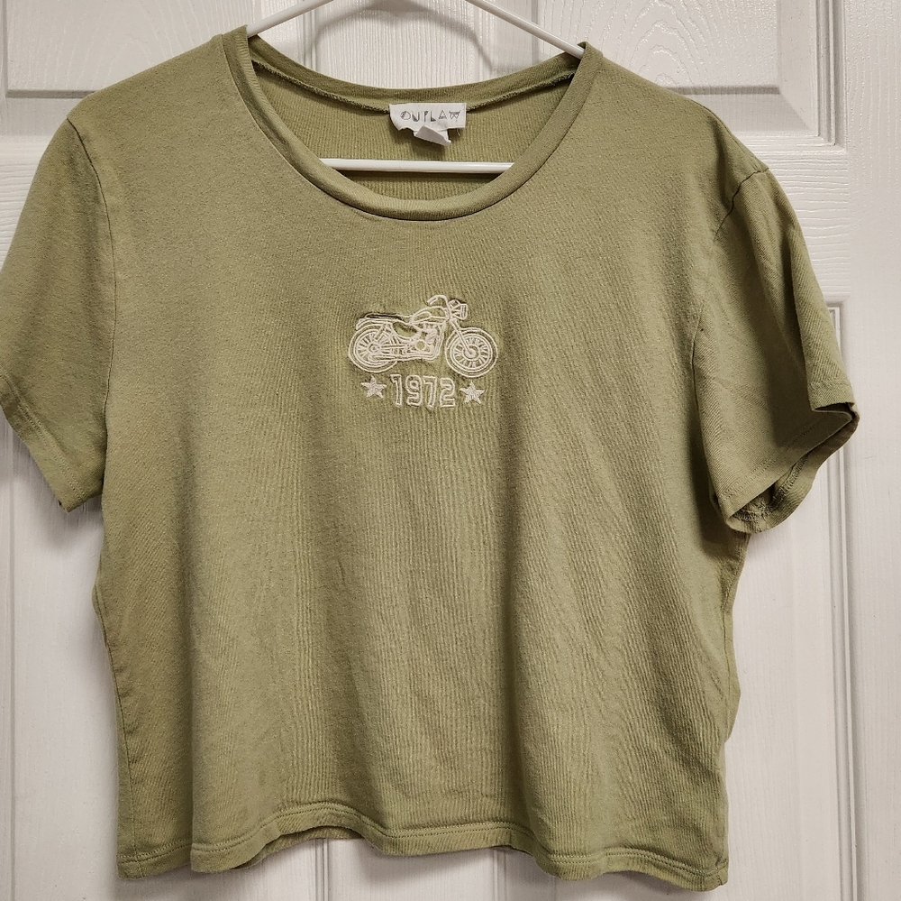 Green Crop Top With Motorcycle Stitched On Front